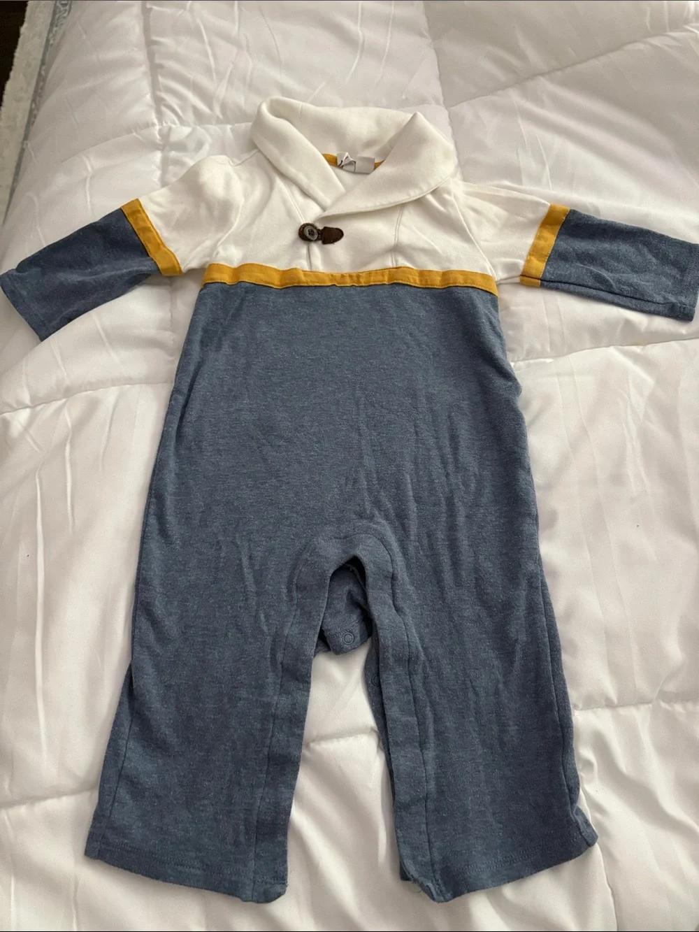 Janie and Jack Blue, White & Gold Shawl Collar One-Piece Footie